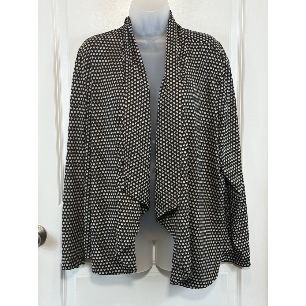 Dressbarn Womens XL Polka Dot Open Front Waterfall Cardigan Black Tan Officecore